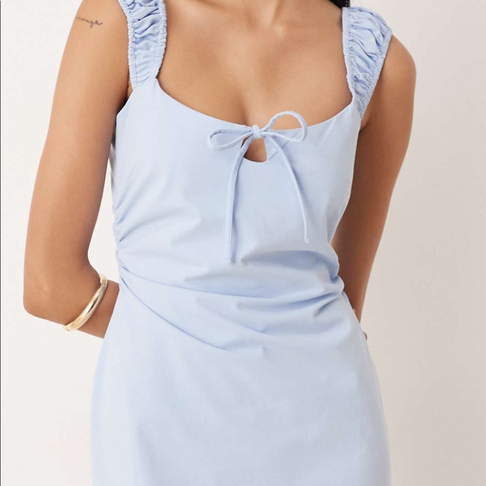 ASOS Ruched cap sleeve tie front midi dress in baby blue